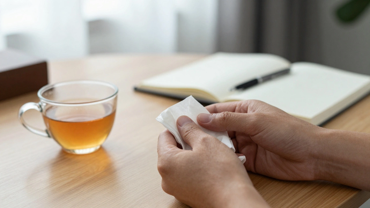 Дрожащая рука с смятой салфеткой на столе рядом с чашкой чая, мягкий свет и тишина.