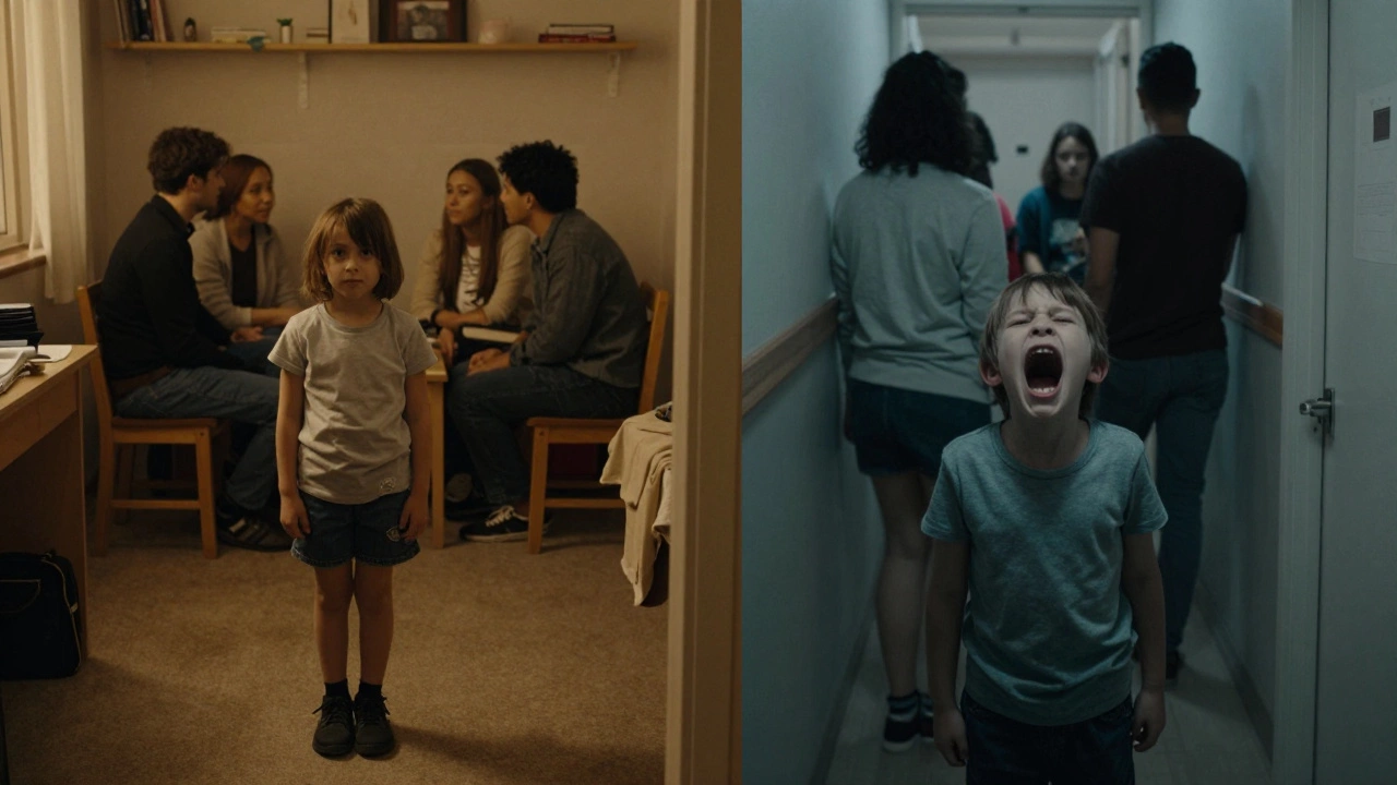Два детских сцены: ребёнок один в комнате и ребёнок кричит в толпе — как прошлое формирует взрослые реакции.