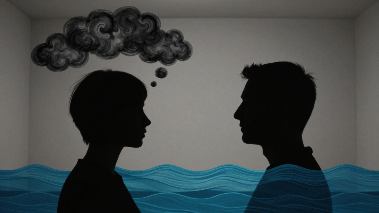 Две фигуры с противоположными эмоциональными облачами над головами.