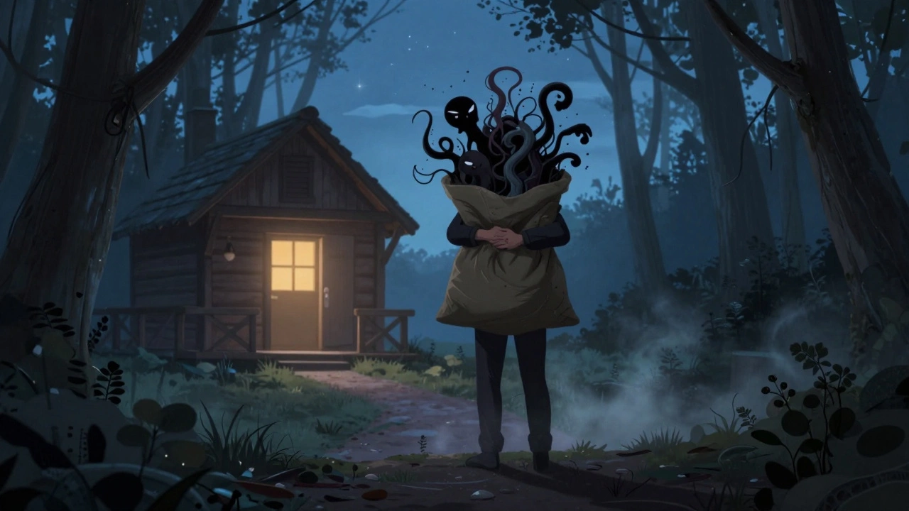 Фигура на краю леса с тяжелым мешком теней, ведущая к светящемуся кабинету — символ раскрытия секретов.