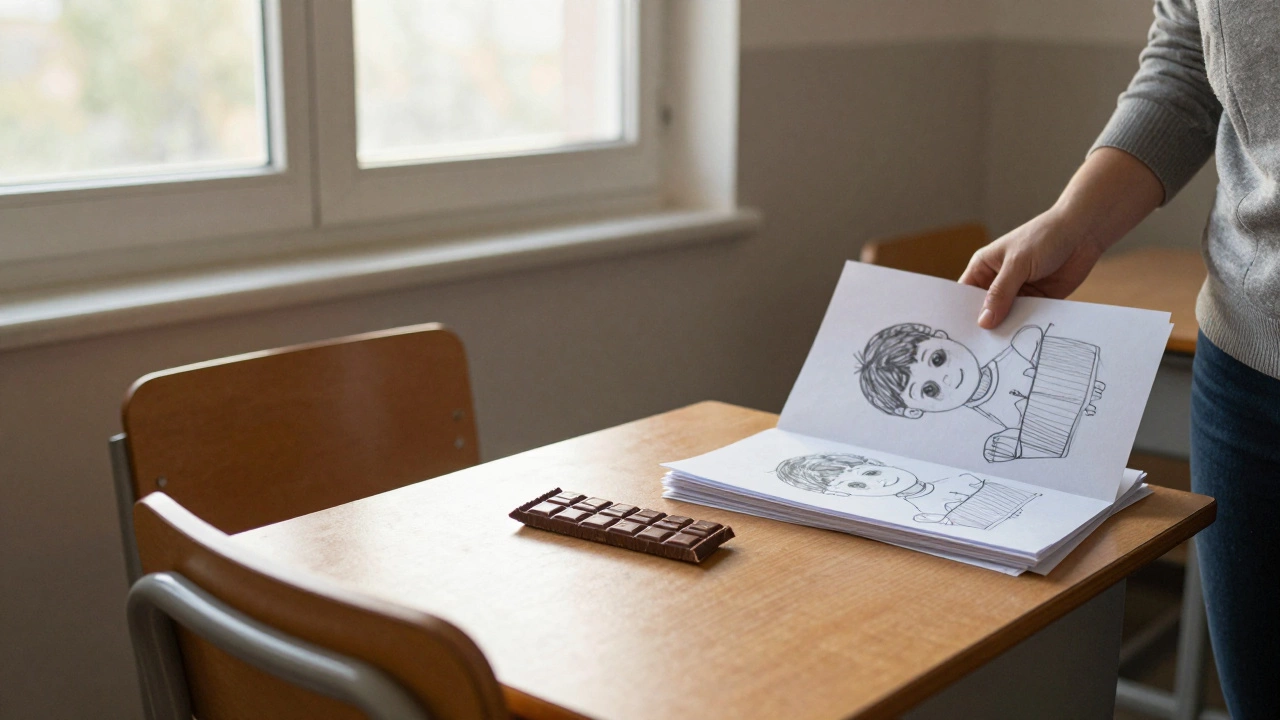 На парте лежит шоколадка рядом с пустым стулом, на стене — рисунки детей.