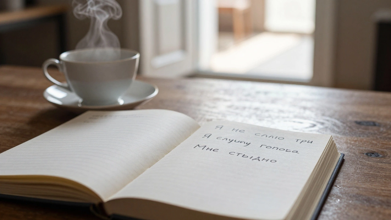 Открытый дневник с честными записями и чашкой чая на столе, за окном — свет.