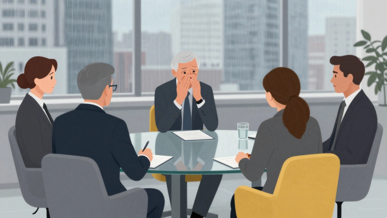 Психолог ведет сессию с топ-менеджерами в офисе, подчеркивая важность психического здоровья на работе.