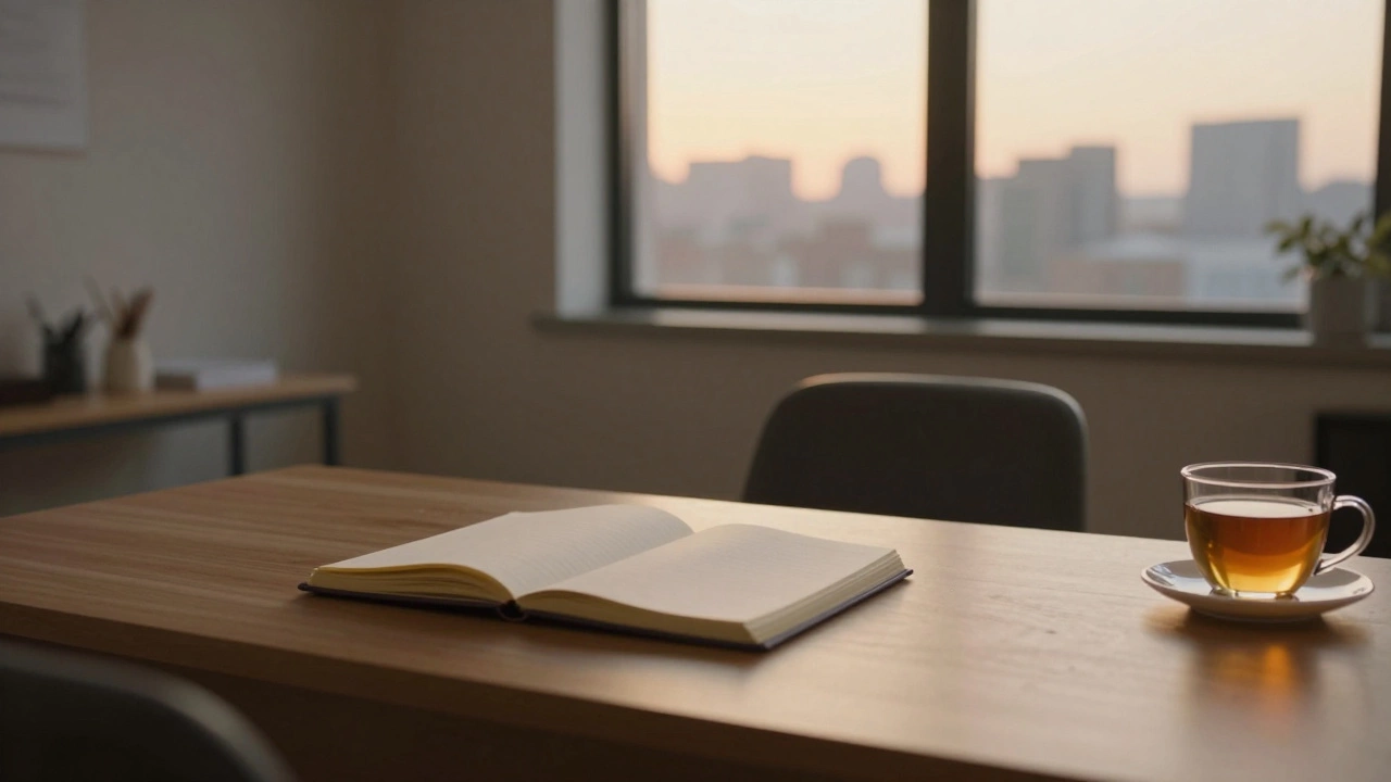 Пустой кабинет психолога на закате — чашка чая, открытая тетрадь и тихий свет.