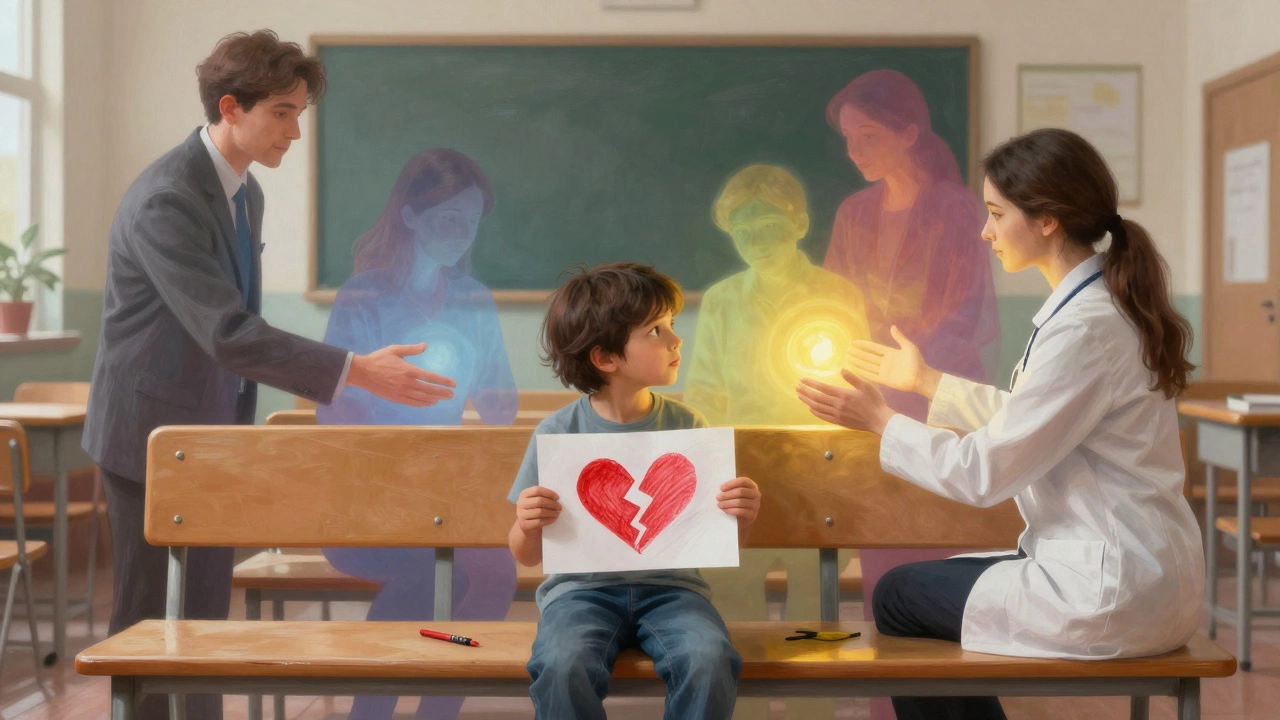 Ребёнок на школьной скамейке, вокруг него — невидимые руки поддержки, символизирующие помощь в трудный момент.