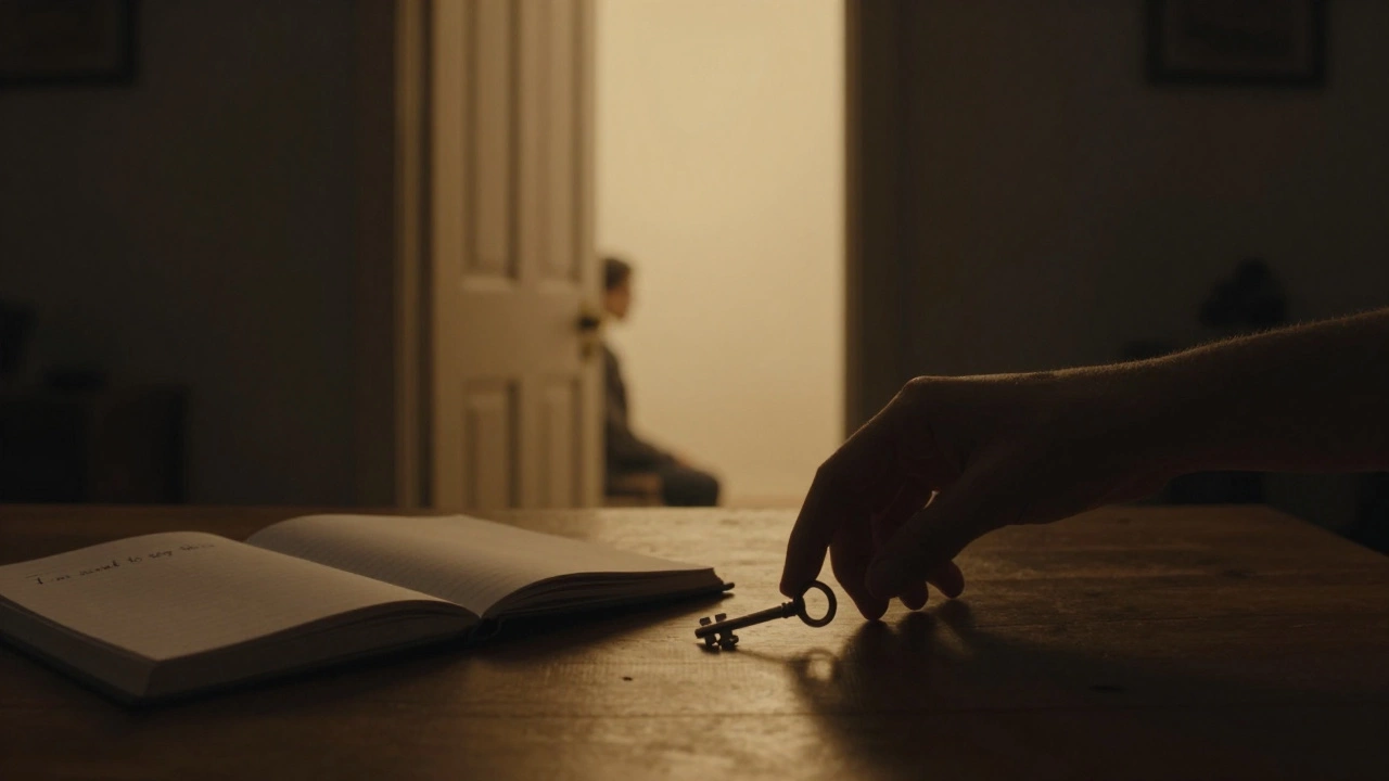 Рука кладет ключ на стол рядом с открытой тетрадью, за ними — приоткрытая дверь, из которой льется свет.