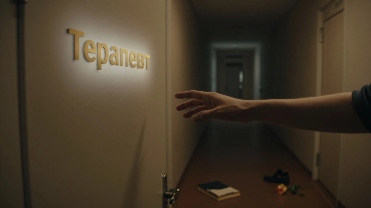 Рука тянется к двери с надписью 'Терапевт', из-под которой пробивается свет — начало пути к исцелению.