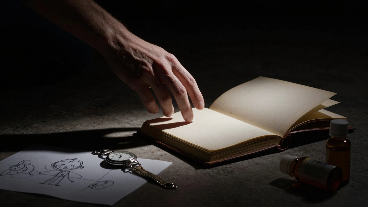 Руки почти касаются в темноте, вокруг — следы внутренней травмы: часы, рисунок, бутылка.