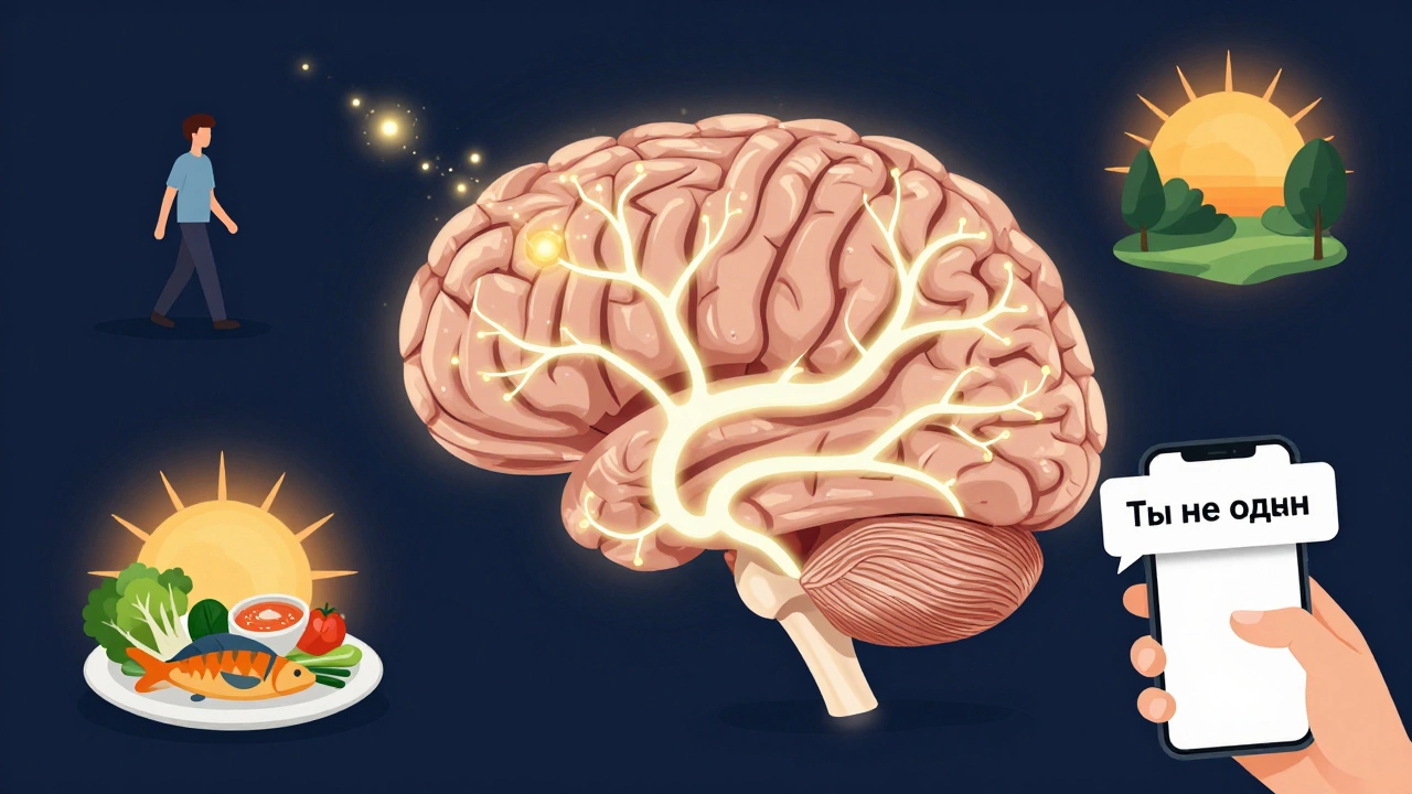 Схематичный мозг с исчезающими нейромедиаторами, вокруг — признаки здорового образа жизни.