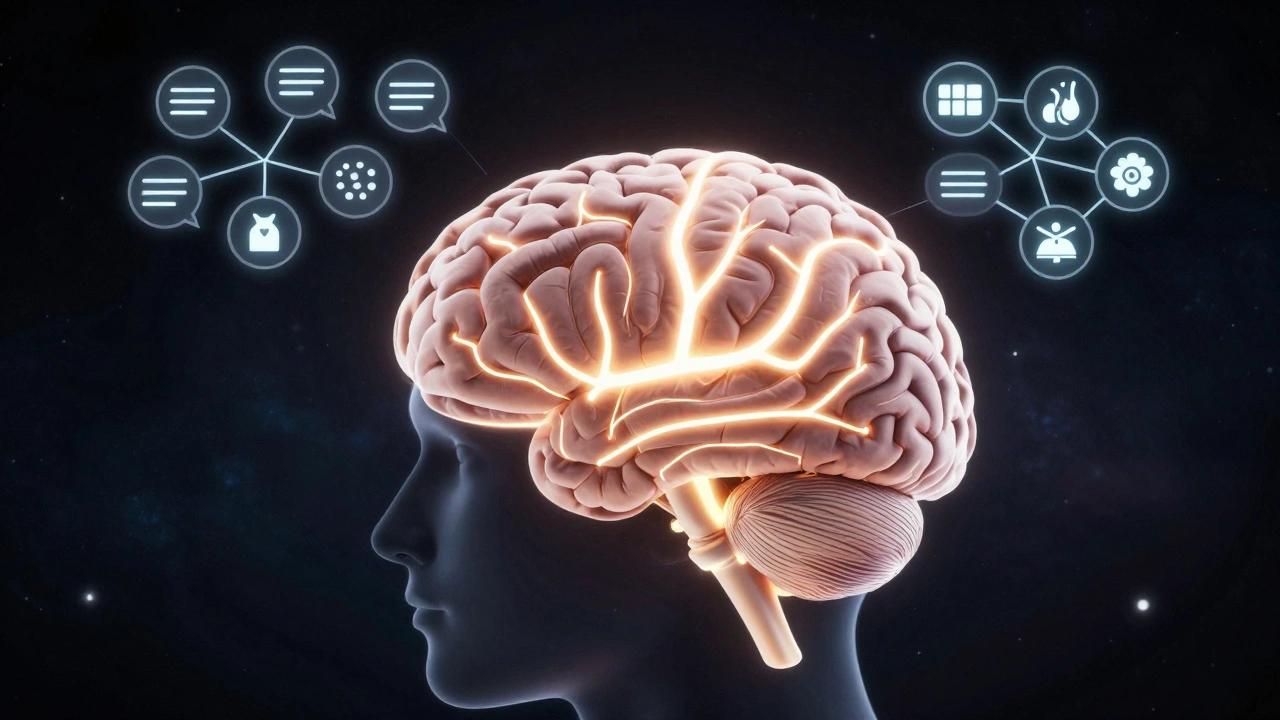 Светящийся мозг с визуализированными когнитивными процессами: память, решения, оценка рисков.