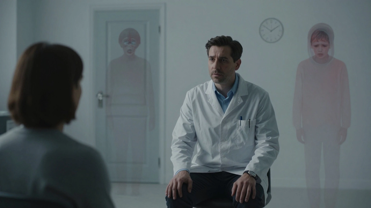 Терапевт и клиент сидят напротив друг друга, вокруг них полупрозрачные образы невысказанных страхов.