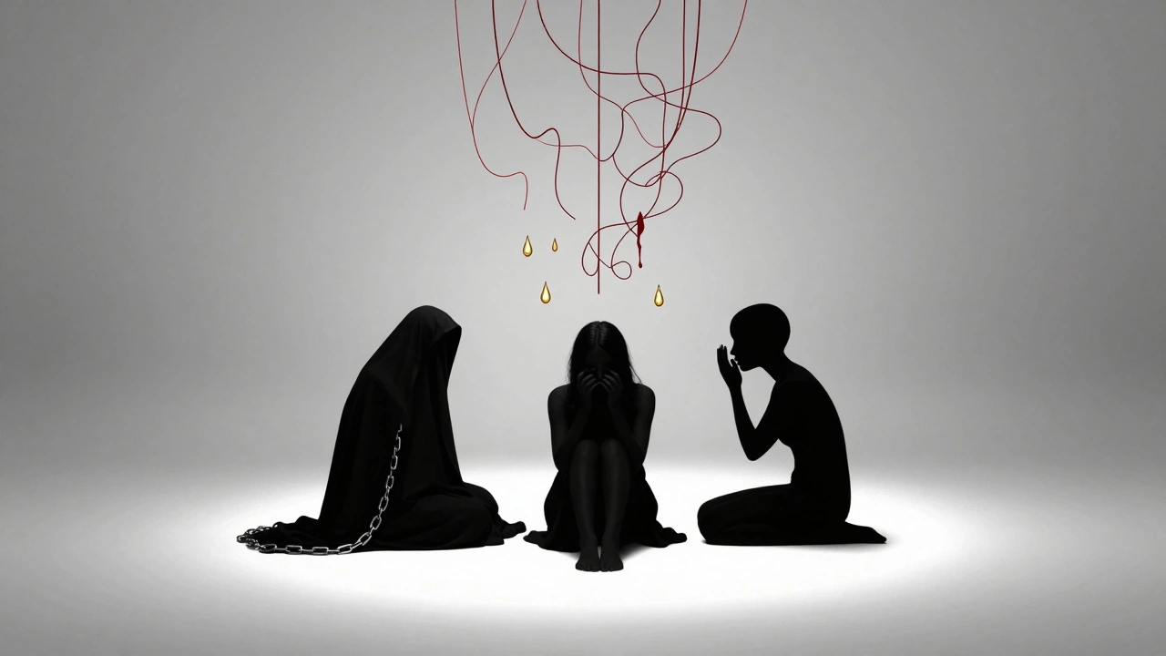 Три силуэта в свете, где скрытые эмоции растворяются — метафора исцеления через честность.