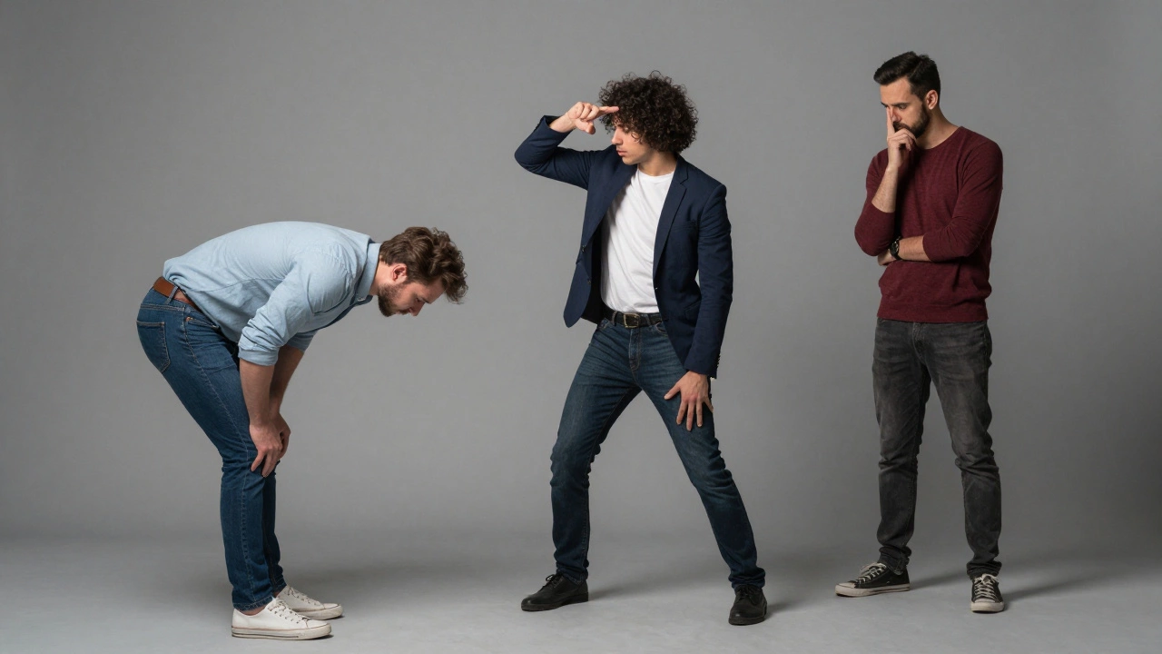 Трое людей в социальной ситуации, демонстрирующие влияние группы, авторитета и подражания.