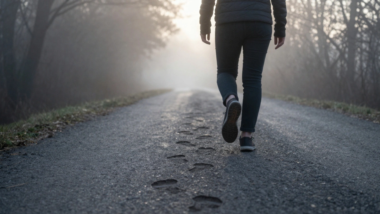 Человек делает шаг вперёд по туманной тропе, следы позади исчезают, впереди — свет.