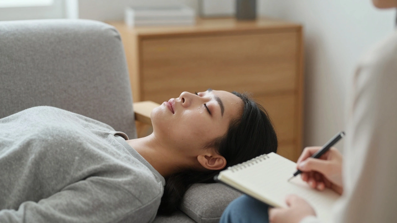 Человек на кушетке в кабинете психолога, слезы на щеках, спокойная атмосфера.