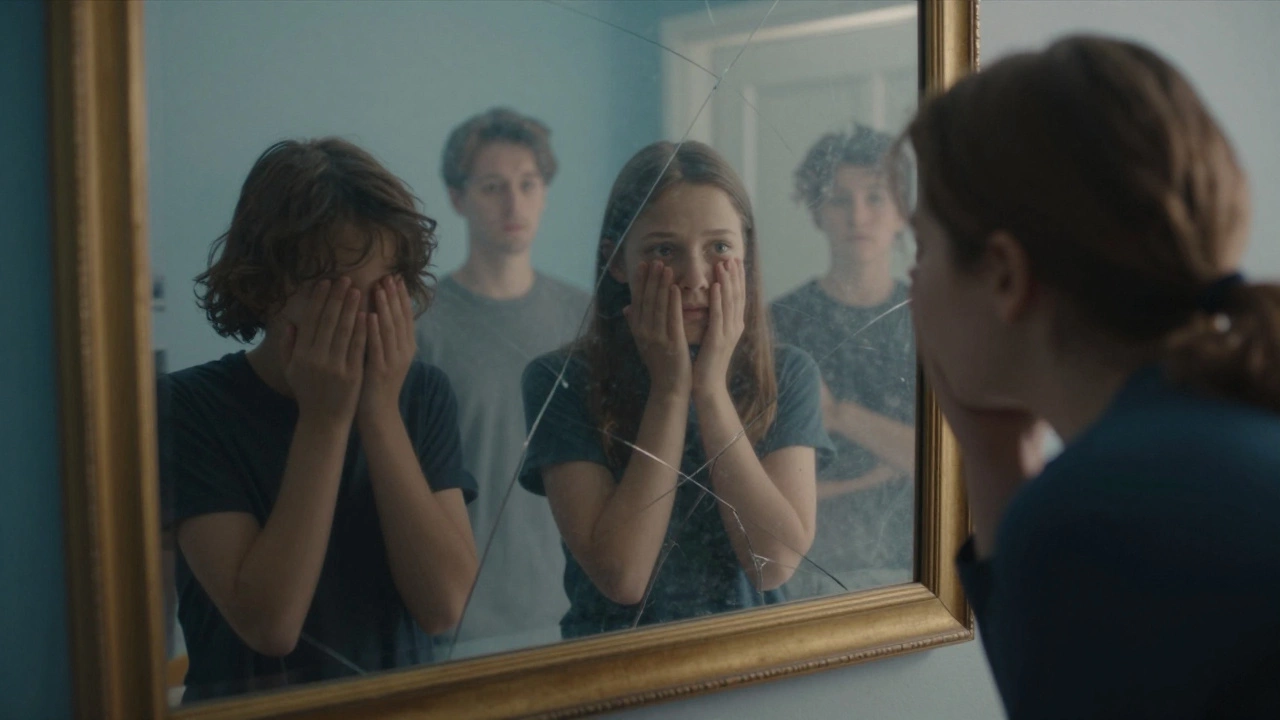 Человек смотрит в зеркало, где отражаются тени прошлых версий себя, трещина в стекле.