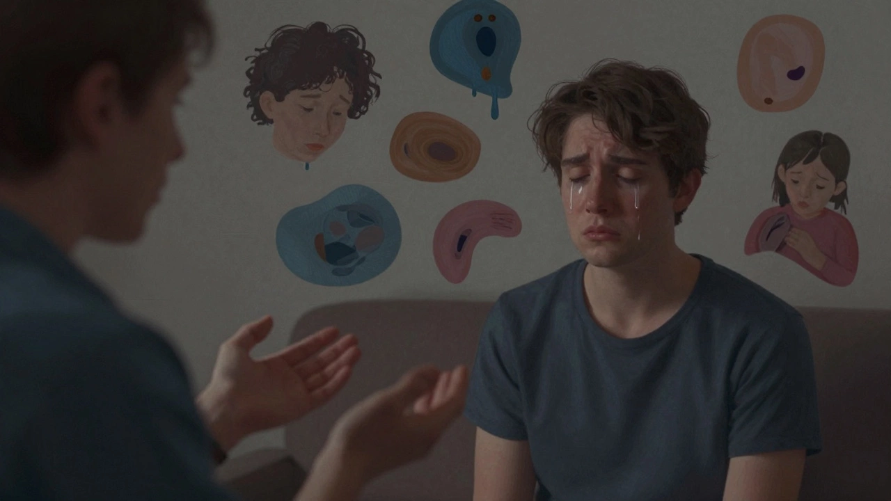 Клиент плачет, а психотерапевт мягко присутствует, символизируя глубокую эмоциональную работу.