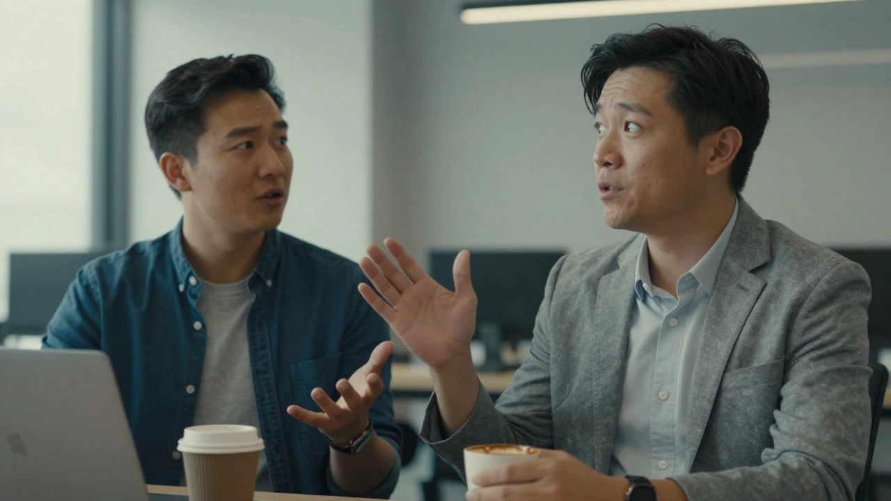 Коллеги в офисе: один говорит, другой молча замечает невербальные сигналы.