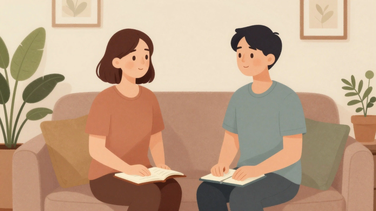 Психолог и клиент сидят рядом на диване в спокойной обстановке, атмосфера доверия и тишины.