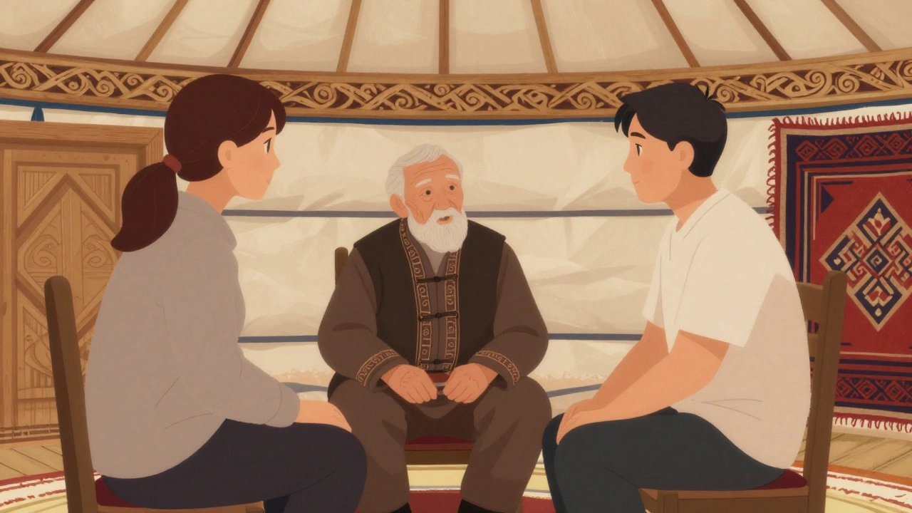 Психолог в Сибири работает с местным жителем в юрте.