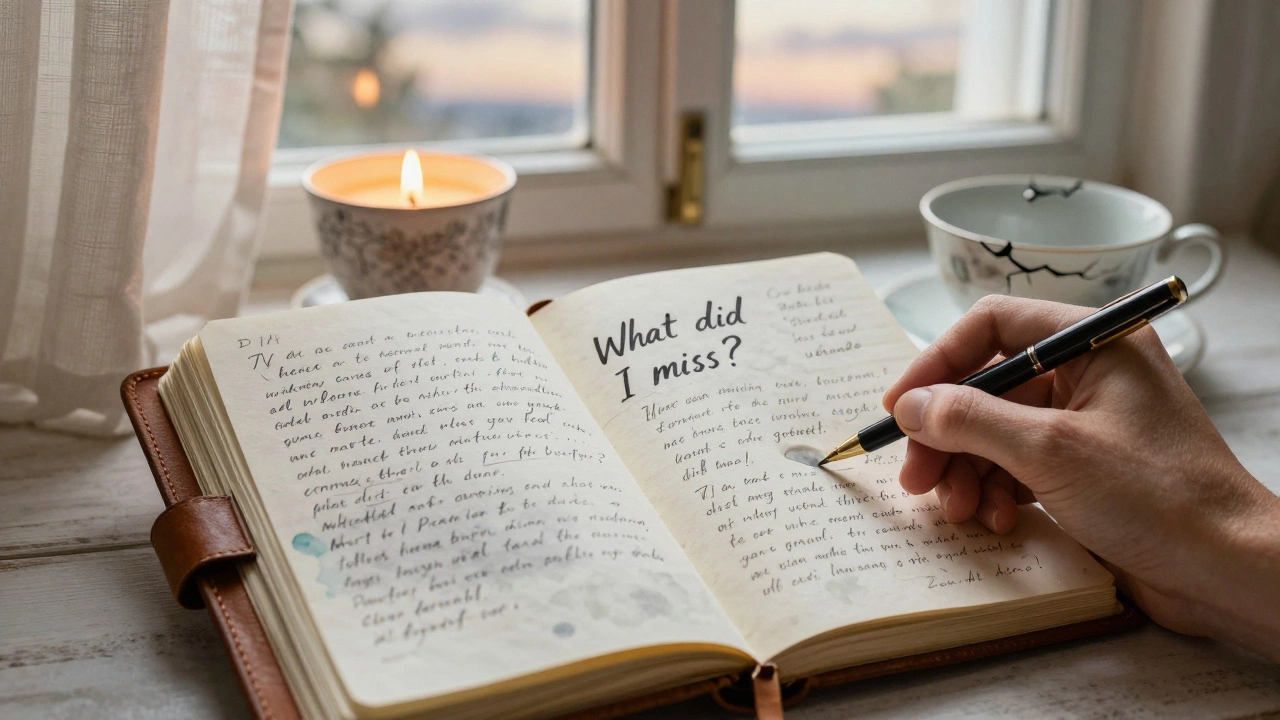 Рука пишет в дневнике о чувствах и ошибках при свете свечи.