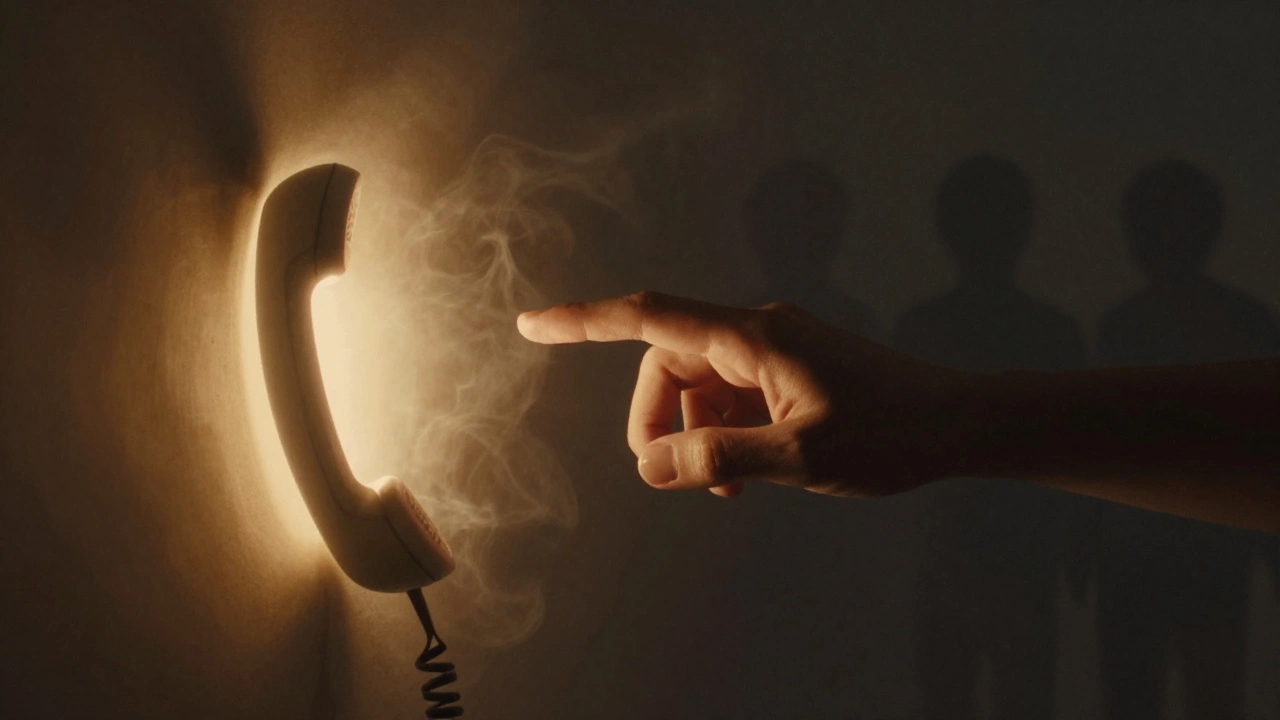 Рука протягивается сквозь тёмный дым, касаясь светящегося телефонного аппарата, символизируя связь в одиночестве.