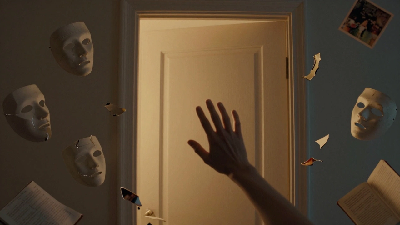 Рука тянется к закрытой двери, из-под которой пробивается свет, вокруг — обломки масок.