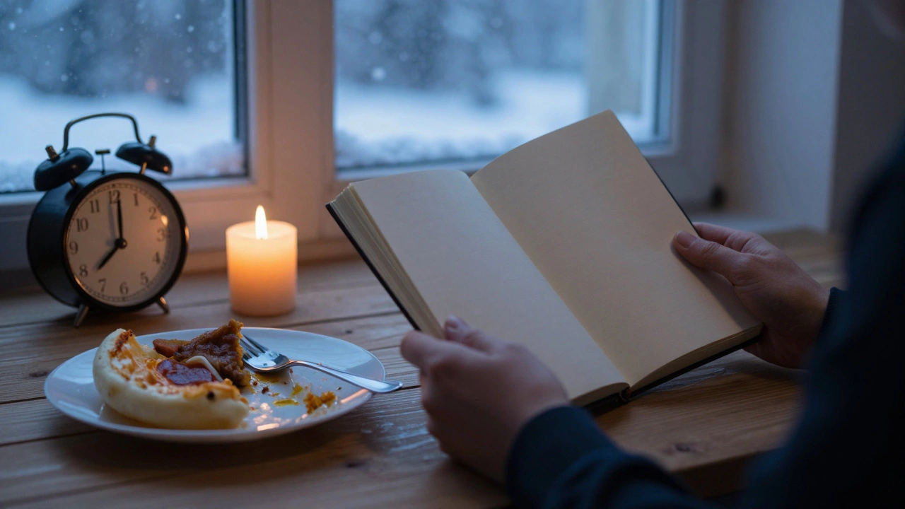 Руки человека держат дневник, рядом — остывшая еда и часы, показывающие凌晨, за окном идет снег.