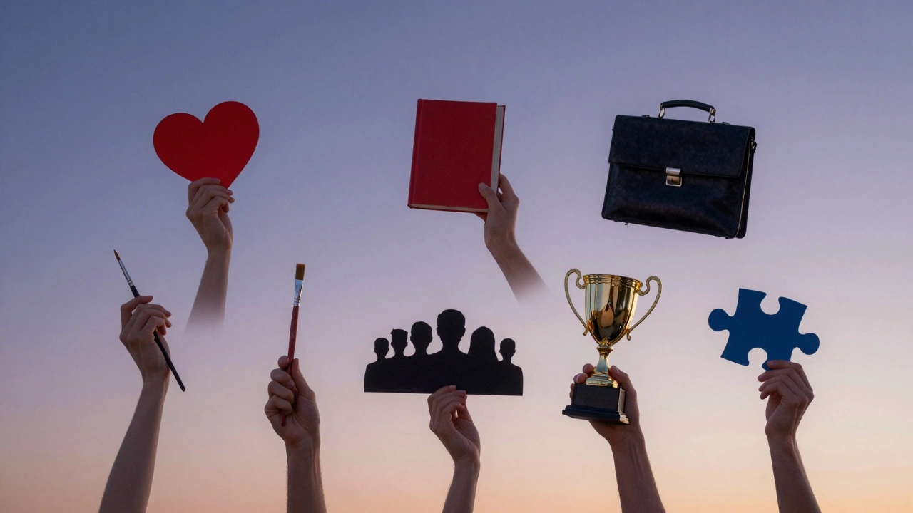 Семь рук, символизирующих разные направления психологии, держат уникальные предметы в туманном свете.