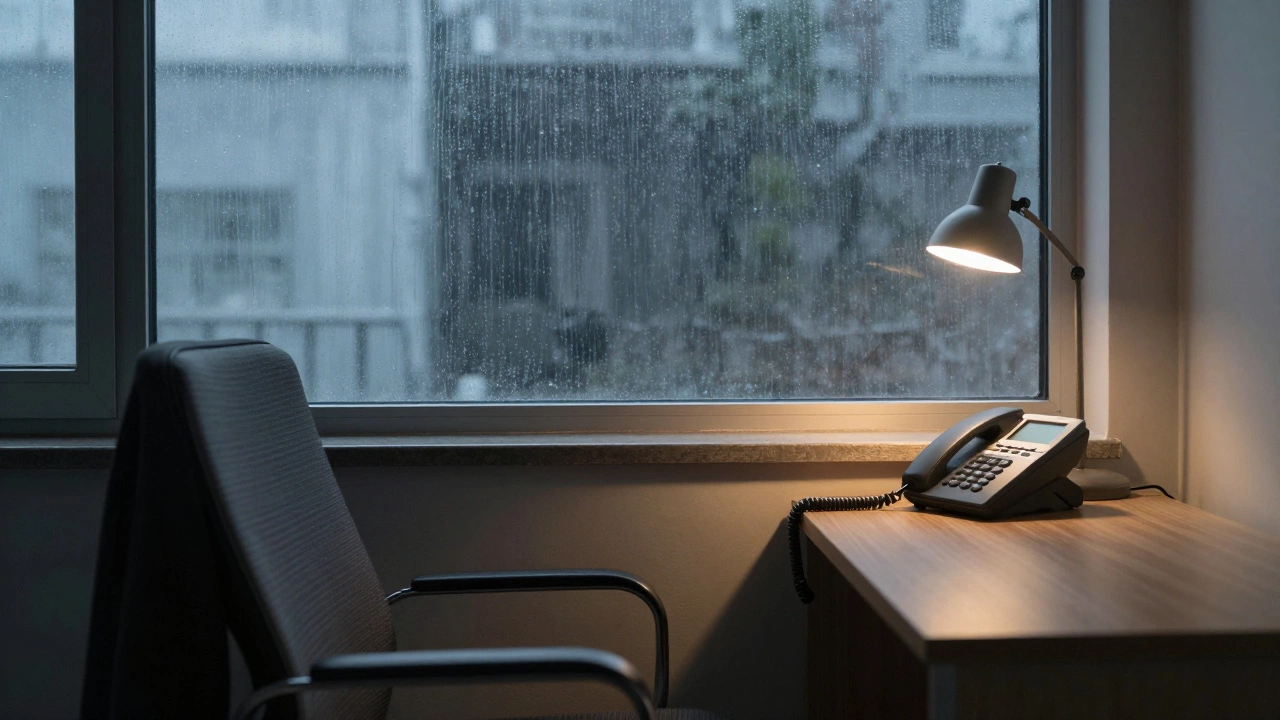 Тихая комната с телефоном на столе, дождь за окном, одинокое пальто на стуле, мягкий свет подчёркивает ожидание помощи.