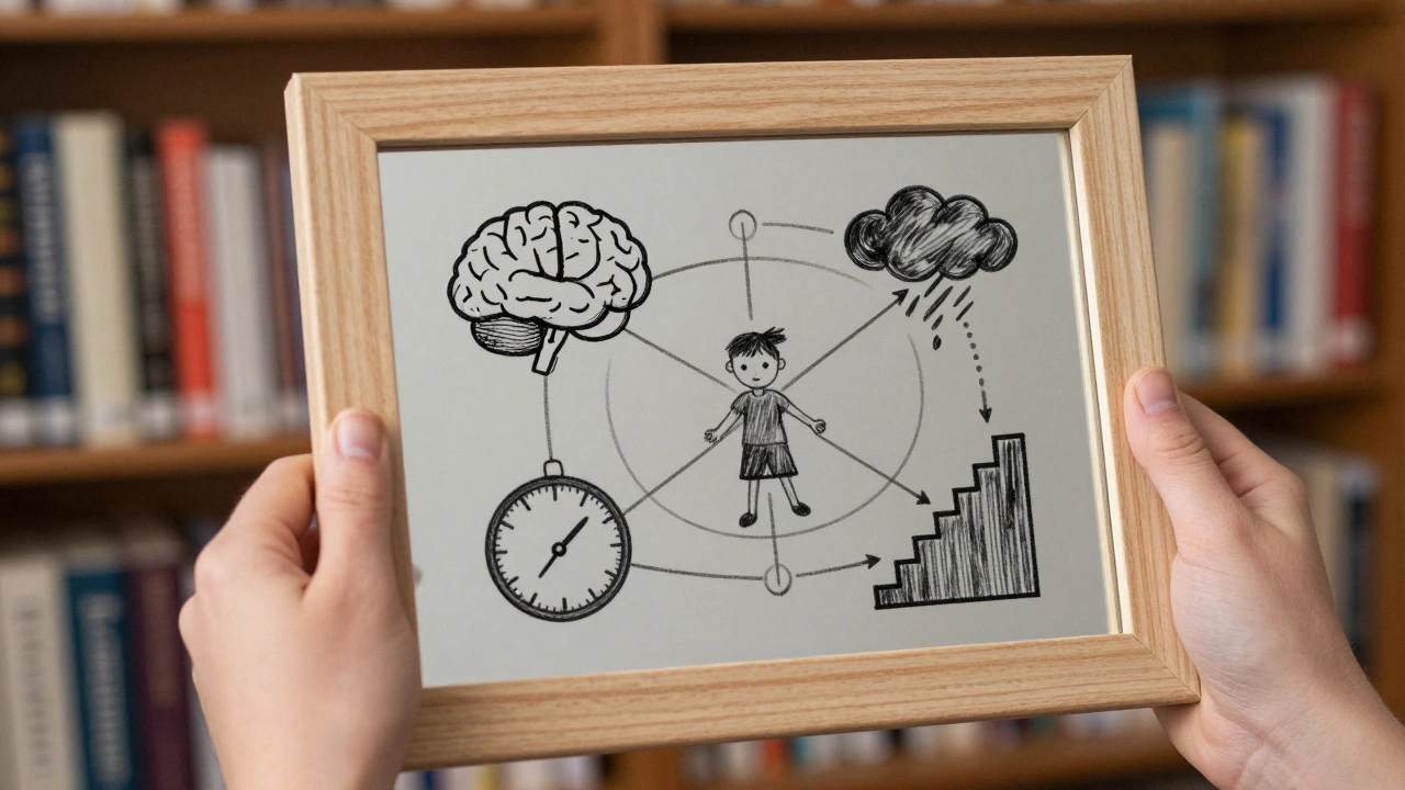 Зеркало отражает не лицо, а символы психологии — мозг, детский рисунок, книгу и лестницу.