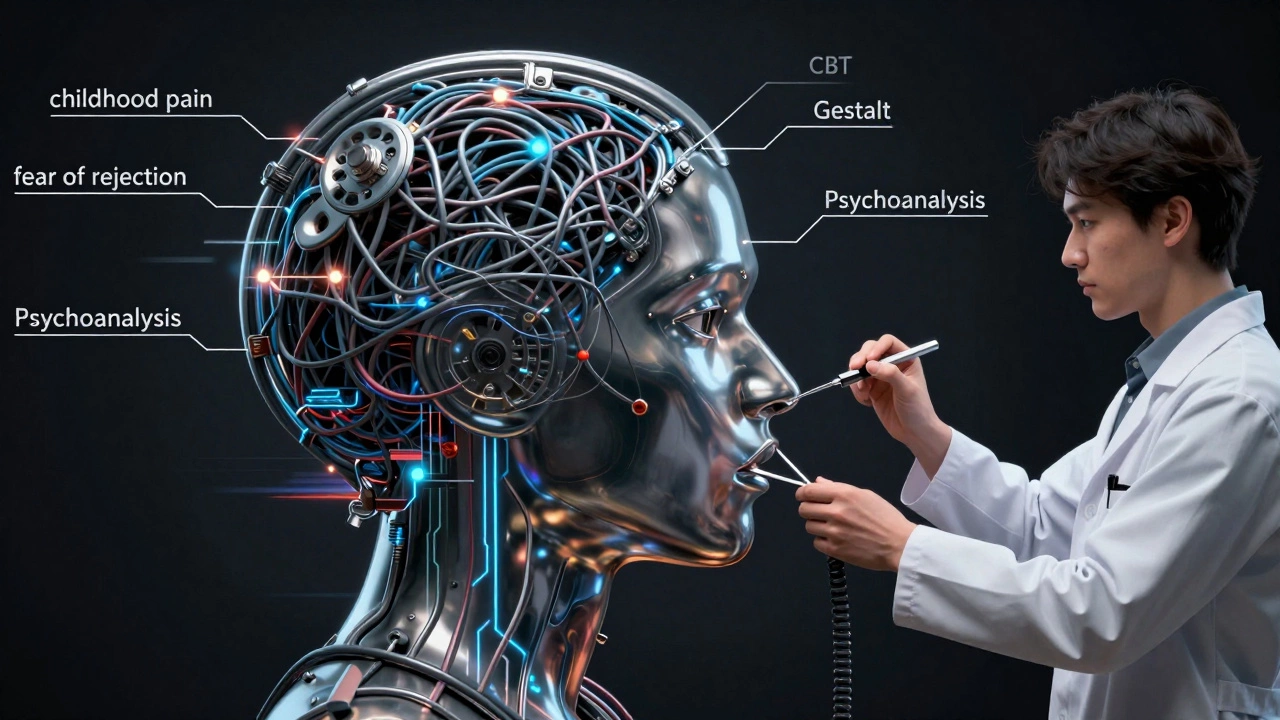 Абстрактное изображение внутреннего мира как старого телефона с запутанными проводами, над которыми работает специалист.