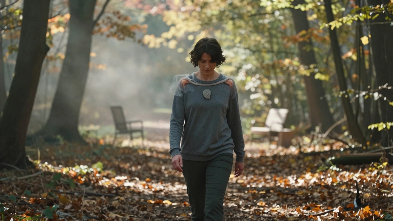 Человек идет по лесу, а напряжение в теле растворяется, символизируя внутреннее освобождение.