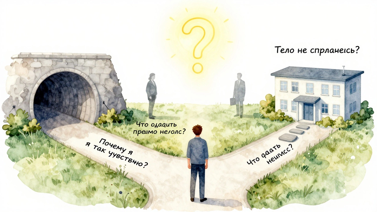 Человек на перекрестке с тремя путями, каждый ведет к одному типу психологической помощи: понимание, действия или медицинская помощь.