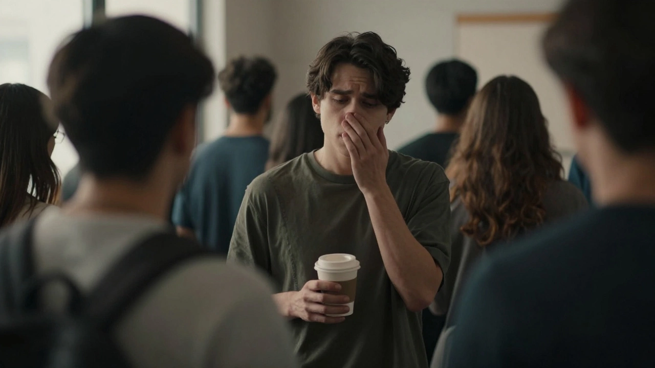 Человек одинок в оживленной комнате, лица вокруг размыты, выражение лица пустое и отстраненное.