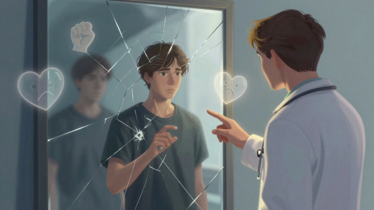 Человек смотрит в зеркало, где отражается его прошлое, а психолог помогает освободиться от паттернов.