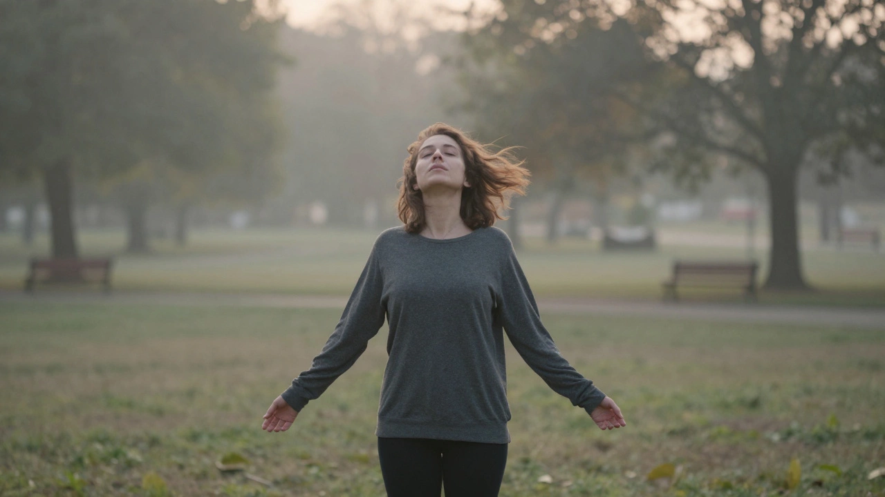 Человек стоит в парке на рассвете, дышит глубоко — ощущение внутренней свободы и целостности.