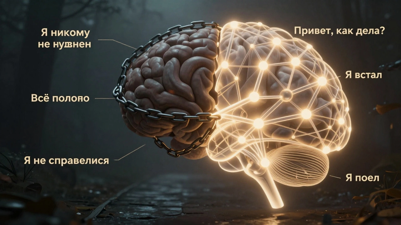 Два состояния мозга: тёмные, запутанные пути против ярких, чётких связей — символ перемен через терапию.