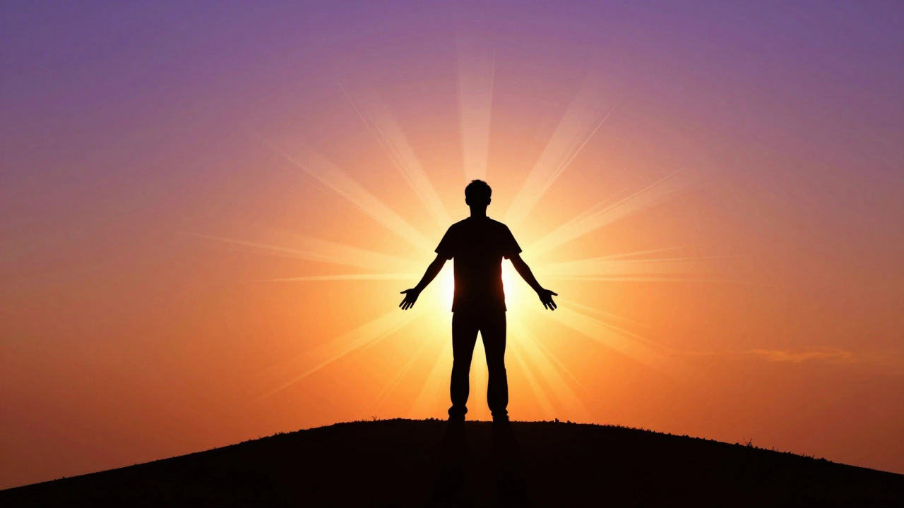 Фигура человека смотрит на восход солнца, символизируя надежду и восстановление.