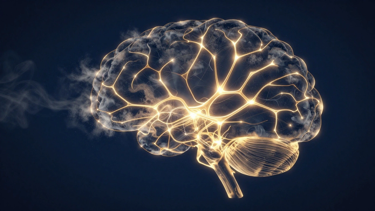 Горящие золотые нейронные пути на тёмном абстрактном фоне.