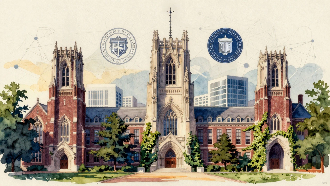 Коллаж университетских кампусов с абстрактными нейронными элементами