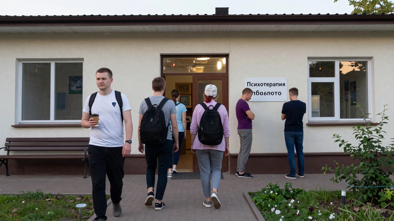 Люди идут в центр психического здоровья в России на рассвете, у здания — знак 'Психотерапия бесплатно'.