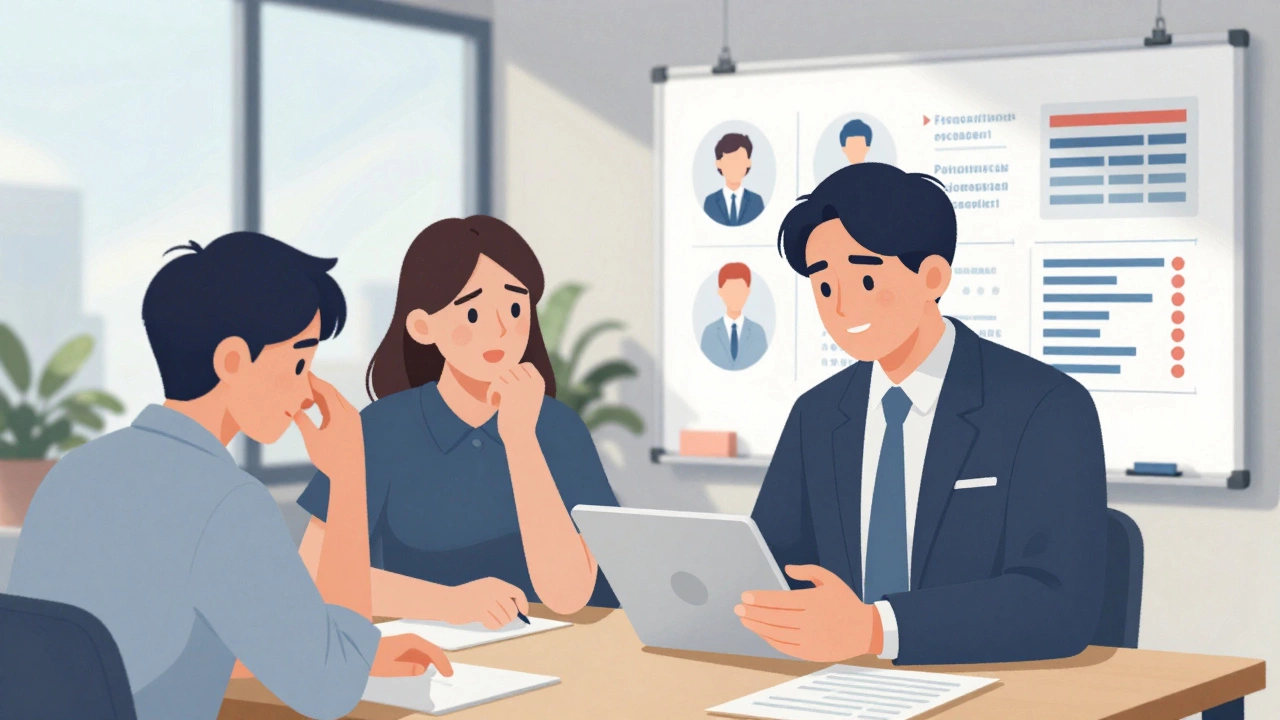 Психолог в офисе анализирует поведение команды с помощью психологических инструментов.