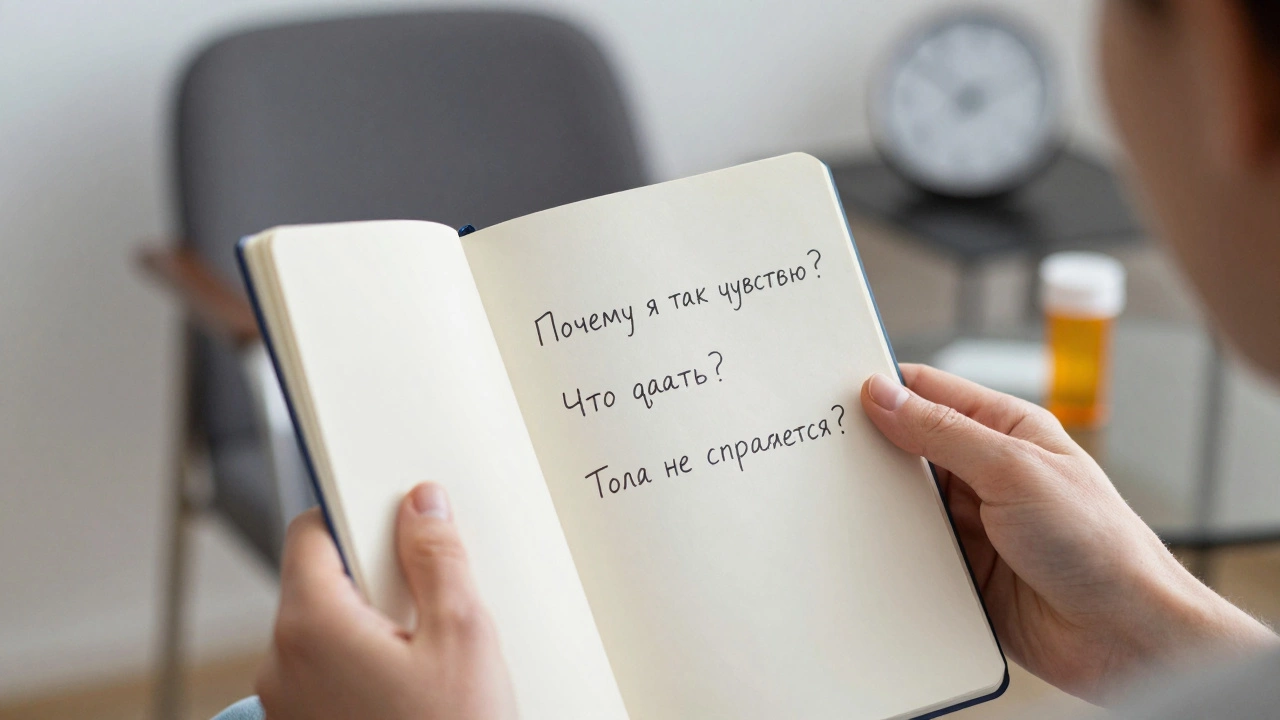Руки человека, держащие тетрадь с тремя ключевыми вопросами о выборе психолога, на фоне элементов терапии.