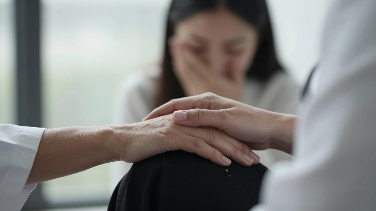 Руки психолога, закрытые глаза, слезы клиента на коленях — тишина как момент прорыва.