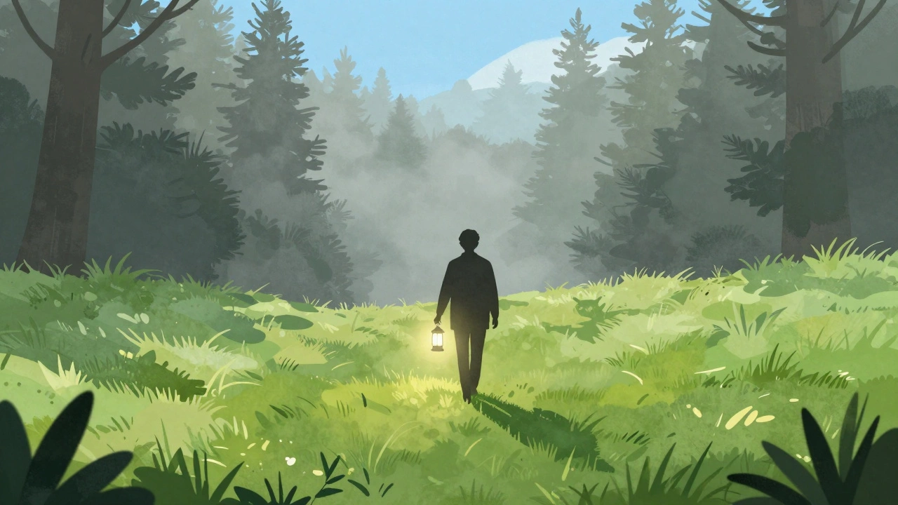 Силуэт фигуры, идущей из туманного леса на солнечную поляну.