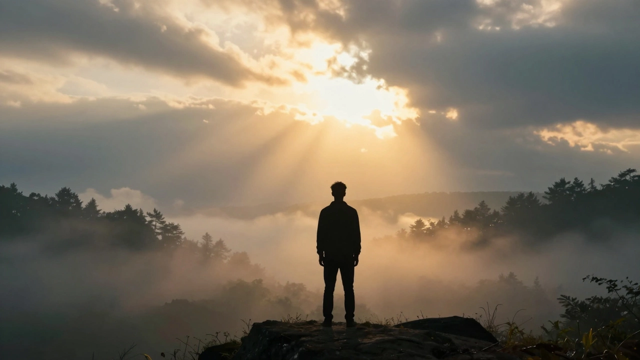 Силуэт на фоне света, символизирующий выход из тумана проблем к ясности.