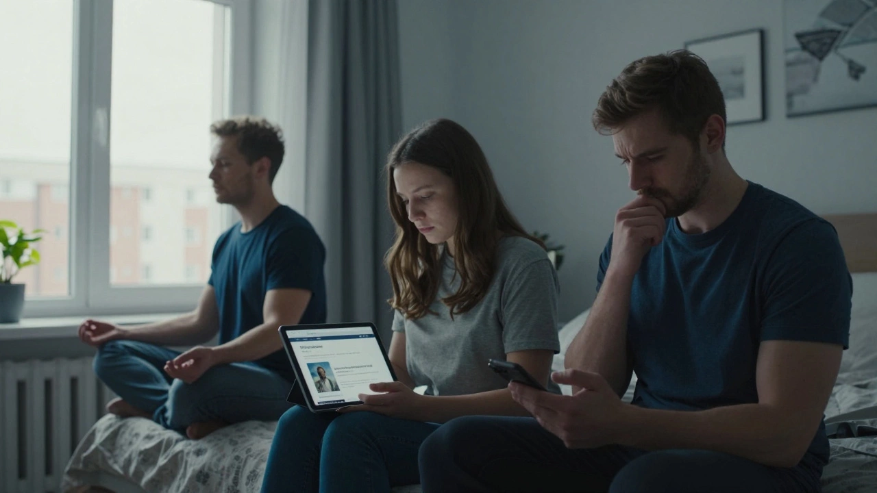 Три человека в разных домашних сценах: медитируют, заходят на сайт психолога, собираются позвонить.