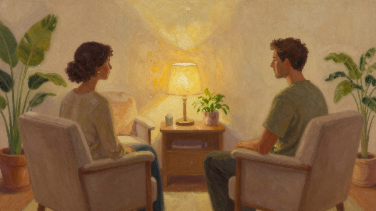 Уютная комната для консультации, два человека сидят напротив друг друга.