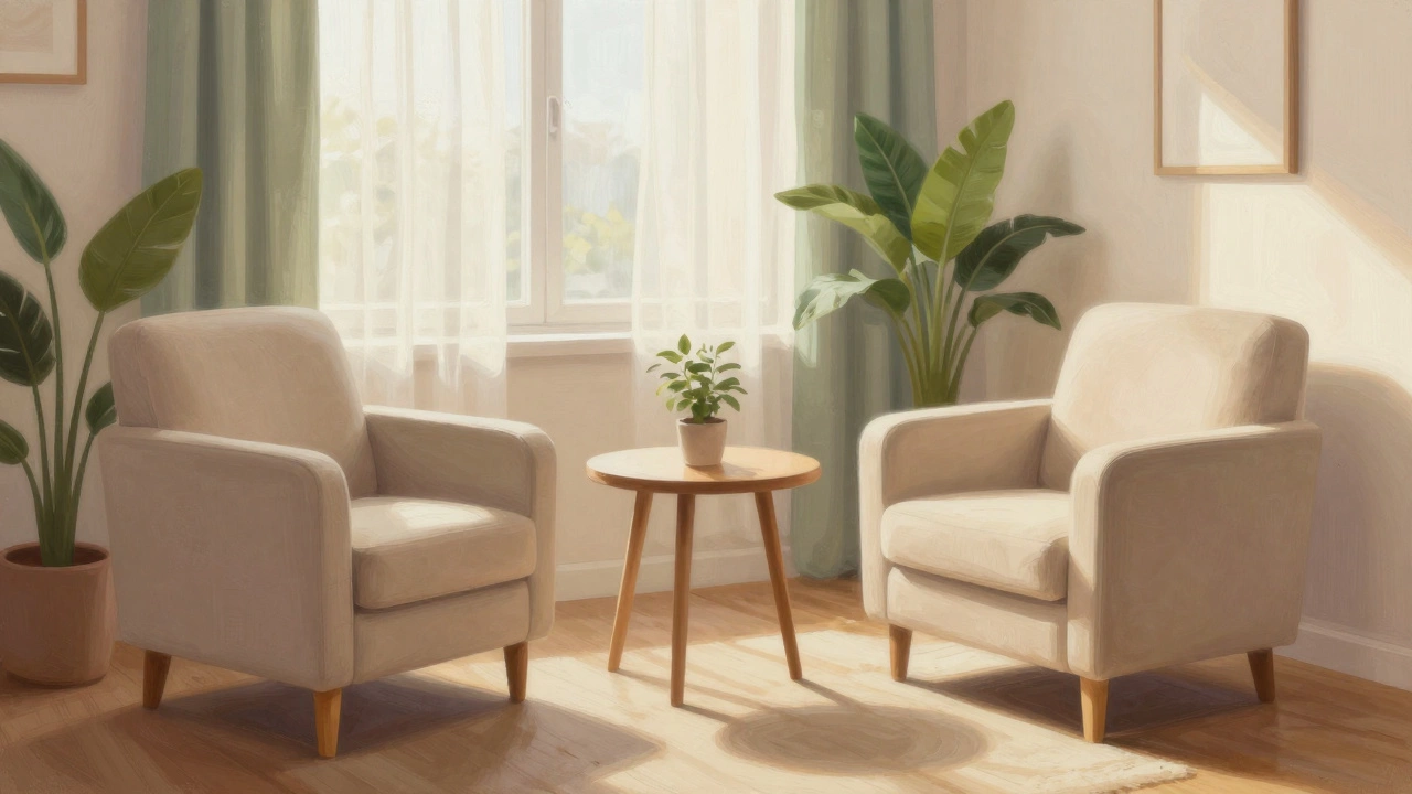 Уютный кабинет психолога с двумя креслами, создающий атмосферу безопасности.